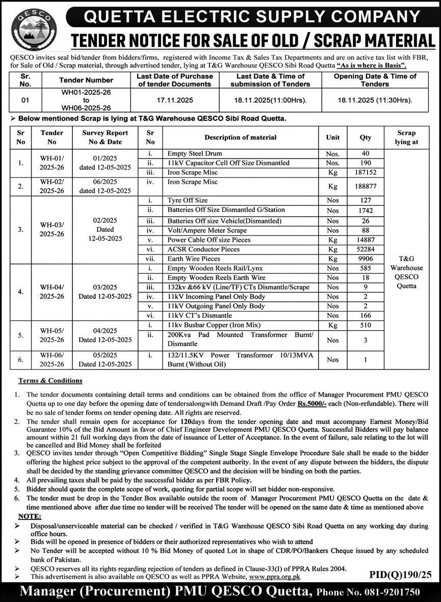 Quetta Electric Supply Company Tender Notice